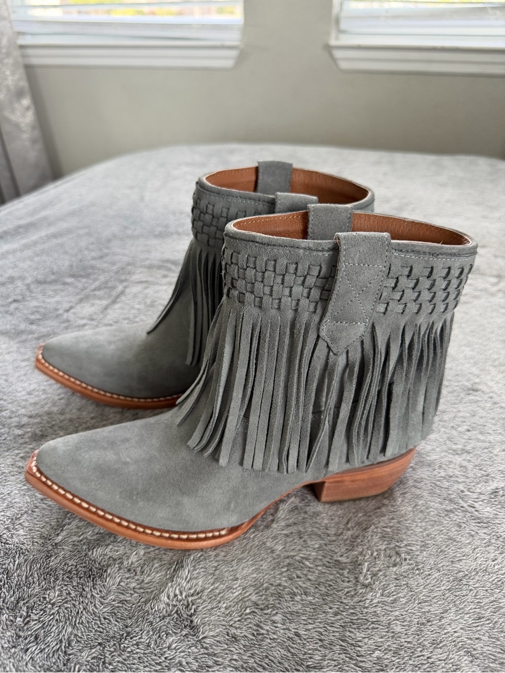 Frye Grey Suede Fringed Ankle Boots
